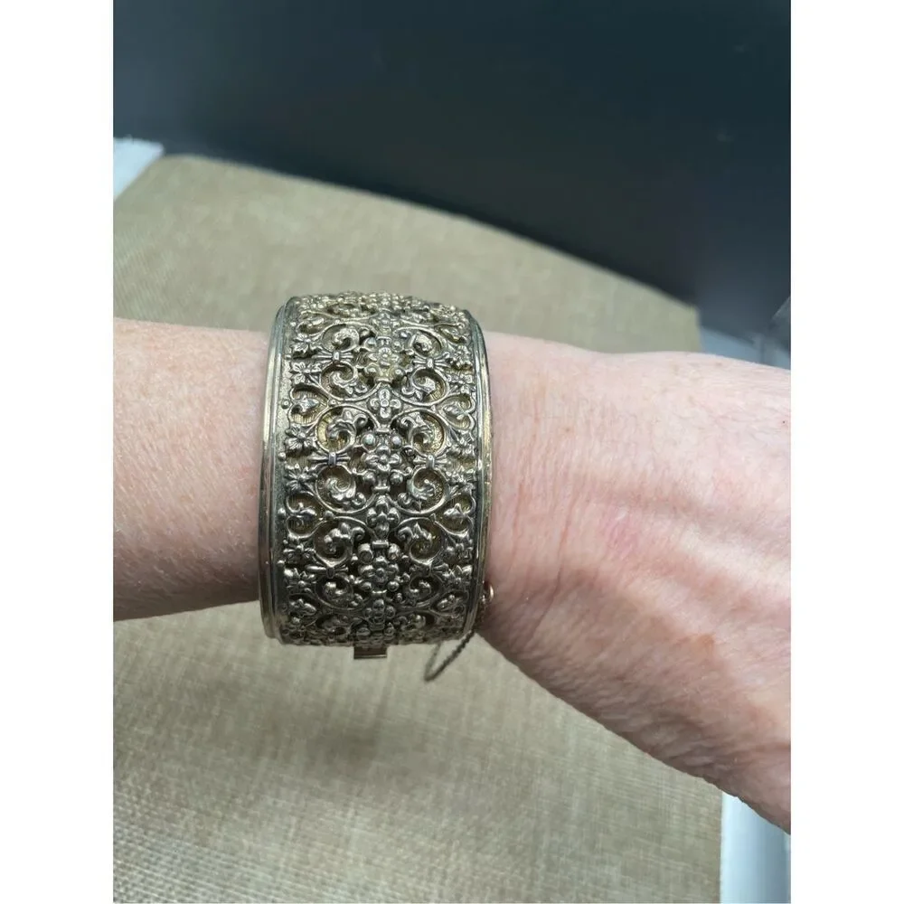 Vintage Silver Tone Wide Cuff Bangle Bracelet Scrolled Fancy Safety Chain